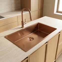 OUTLET rahlo ukrivljen rob Pure.Sink Comfort velik PVD-premazan umivalnik v barvi roza bakra 70 x 40 cm polmer 10 mm za vgradnjo pod pult vgradnjo v ravnino in nadgradnjo PCM7040-62